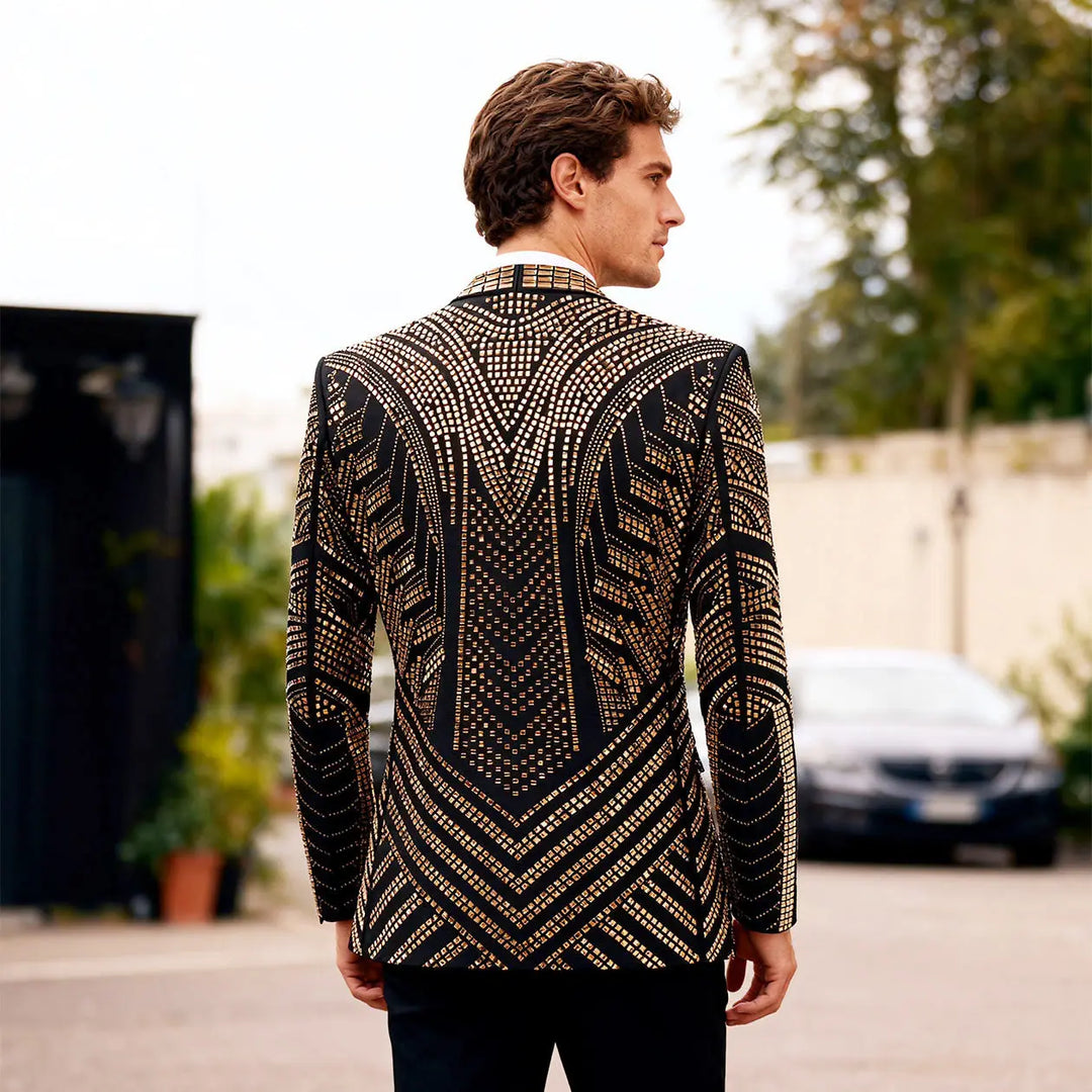 Men’s black rhinestone blazer with gold back pattern, back view