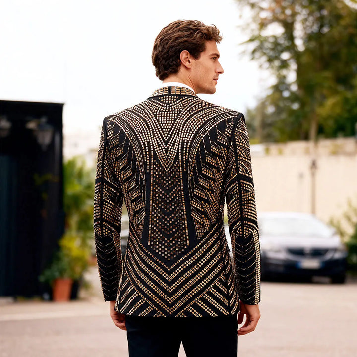 Men’s black rhinestone blazer with gold back pattern, back view