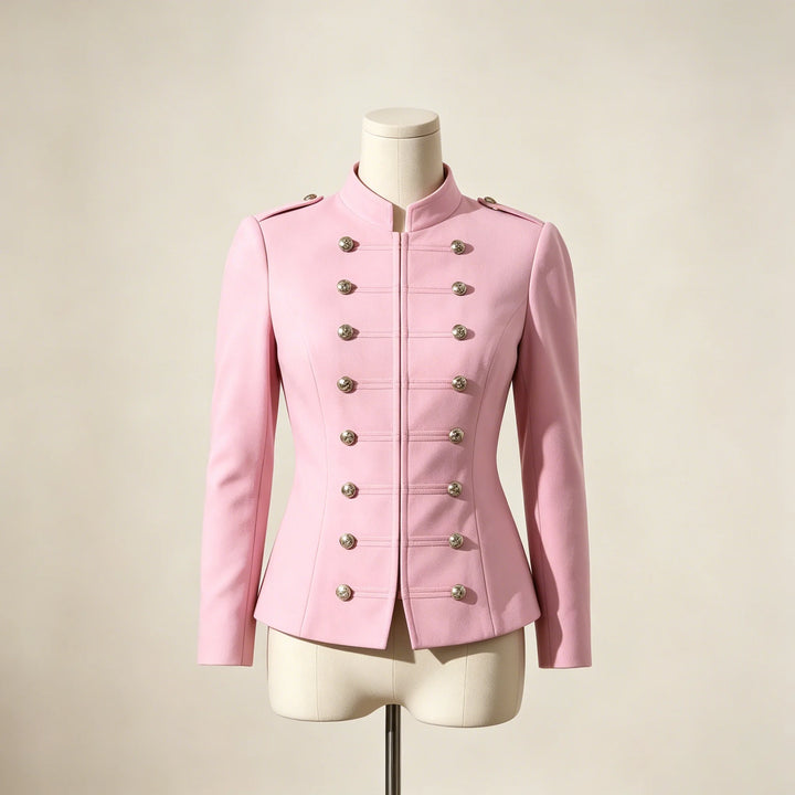Women’s cropped military jacket in pink with stand collar and gold button placket