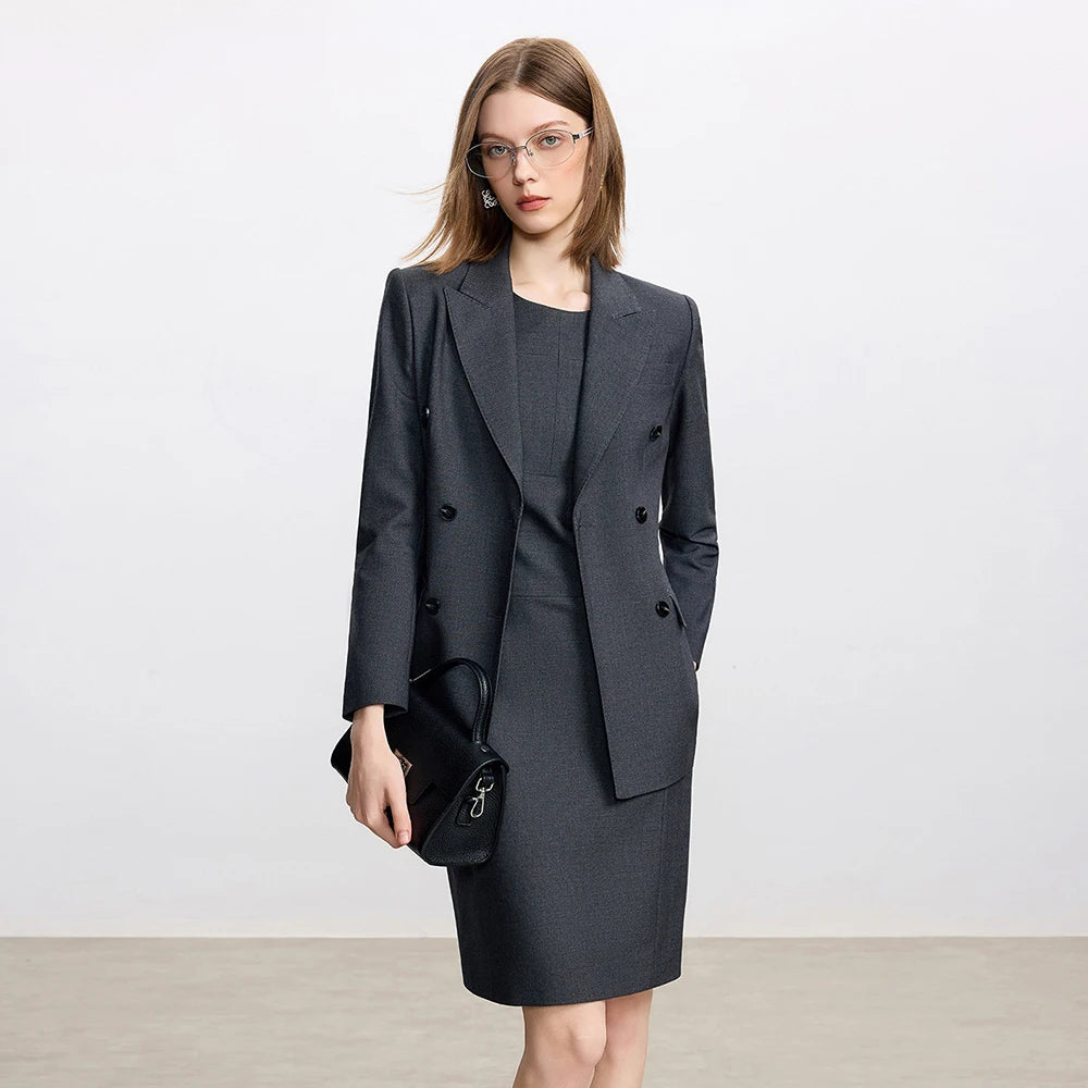 Dark gray blazer and pencil skirt suit, double-breasted button front