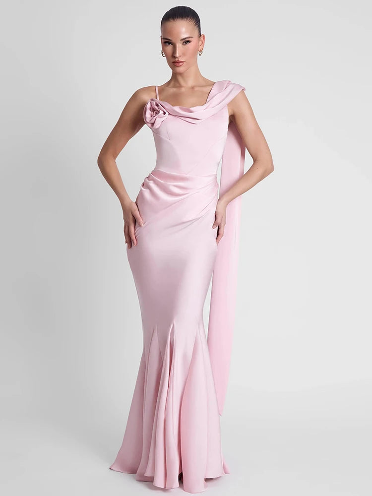 Women’s satin party maxi dress in blush pink, ruched bodice, draped cowl neckline