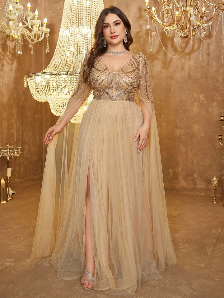 Lovely Mesh Sleeve Evening Dress
