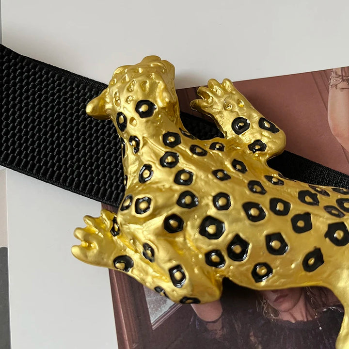 Yellow leopard-print wide belt with black-spotted pattern and cat-shaped buckle