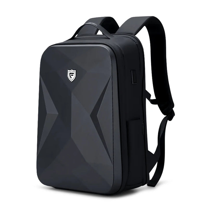 Black anti-theft business backpack with shield emblem, top handle, and shoulder straps