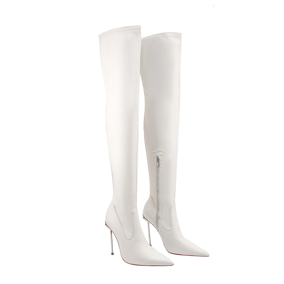 White over-the-knee heel boots with pointed toe and side zipper detail.