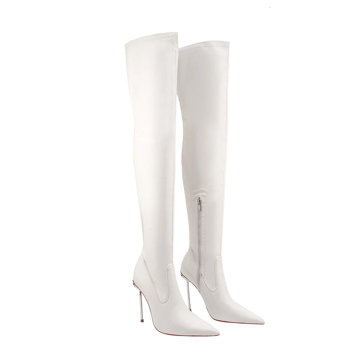 White over-the-knee heel boots with pointed toe and side zipper detail.