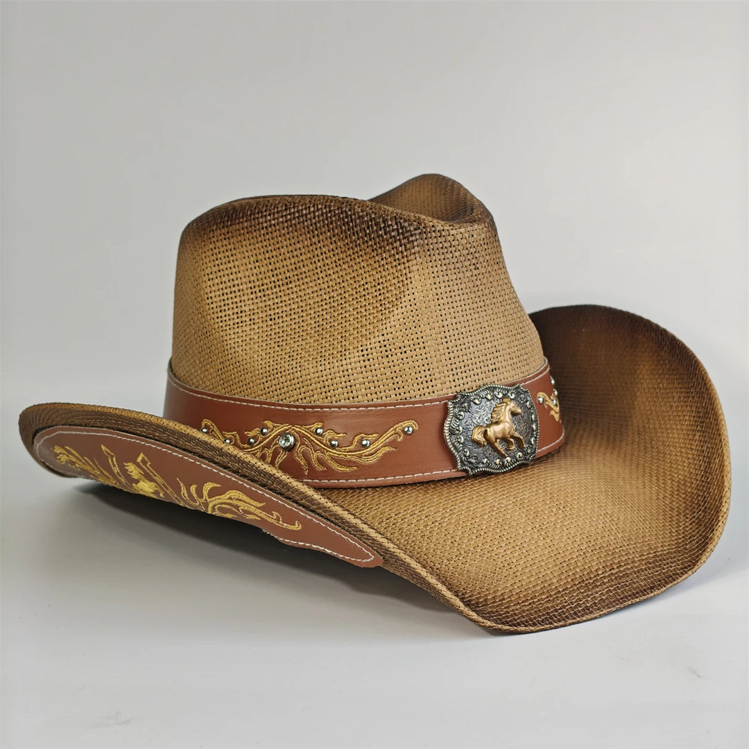 Tan men’s cowboy sun hat with western embroidered leather band and silver buckle