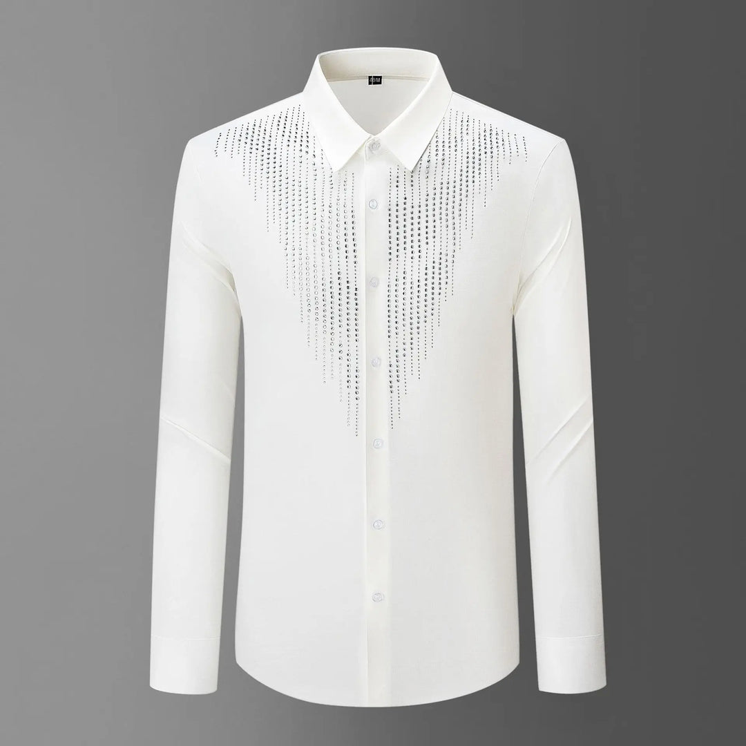 White rhinestone casual shirt with studded vertical chest stripe and button-down collar