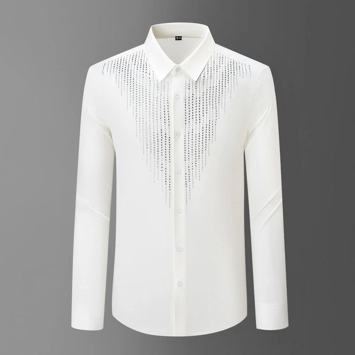 White rhinestone casual shirt with studded vertical chest stripe and button-down collar