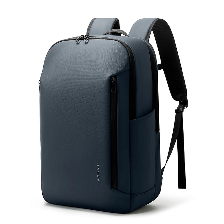Blue textured business backpack with top handle, front zip pocket, and shoulder straps