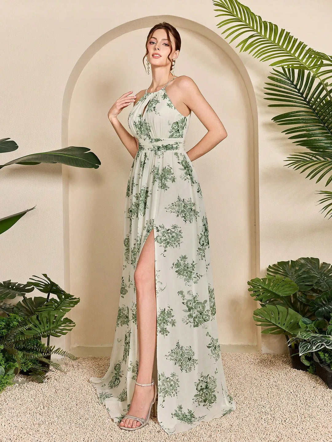 Charming Floral Halter-Neck Long Chiffon Dress