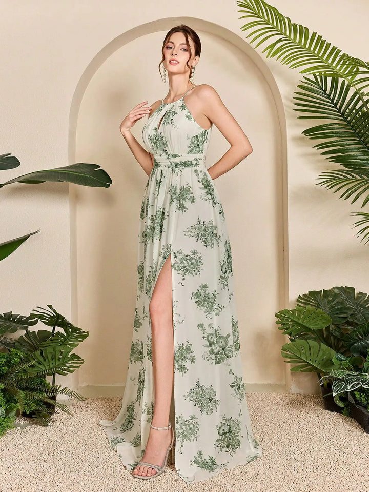 Charming Floral Halter-Neck Long Chiffon Dress