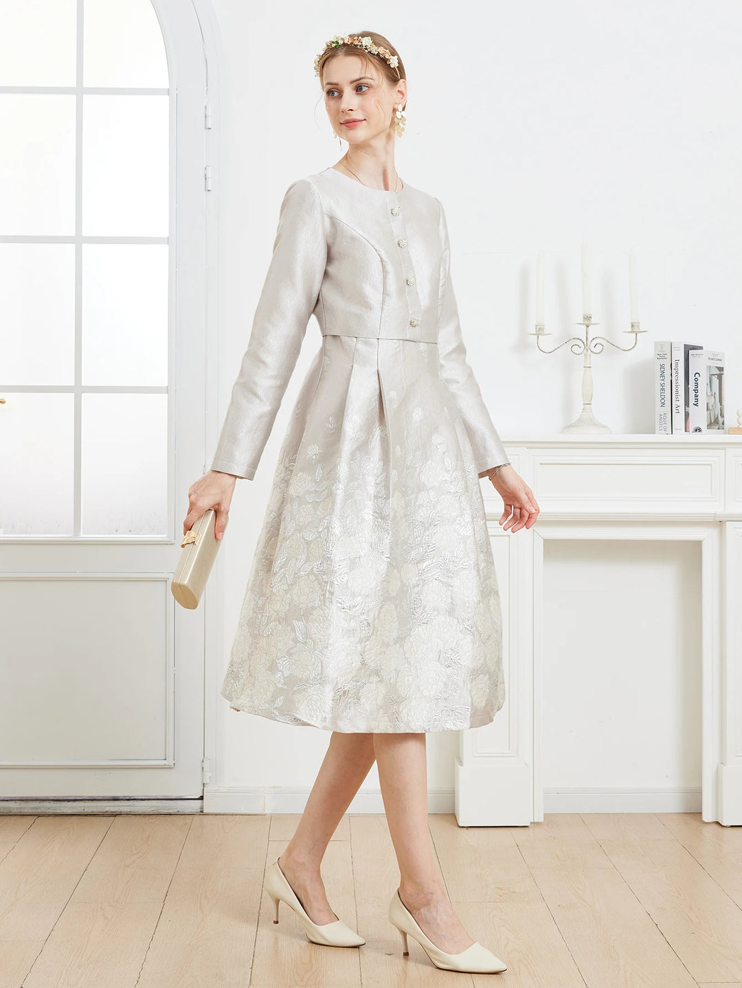 Elegant Floral Embroidery French Midi Gown