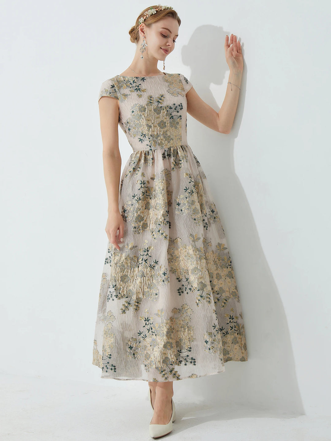 floral organza maxi dress Dime Floral Organza Mockneck Maxi Dress-Navy Blue