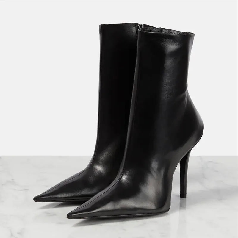 Black side-zip high heel ankle boots with pointed toe and slim stiletto heel