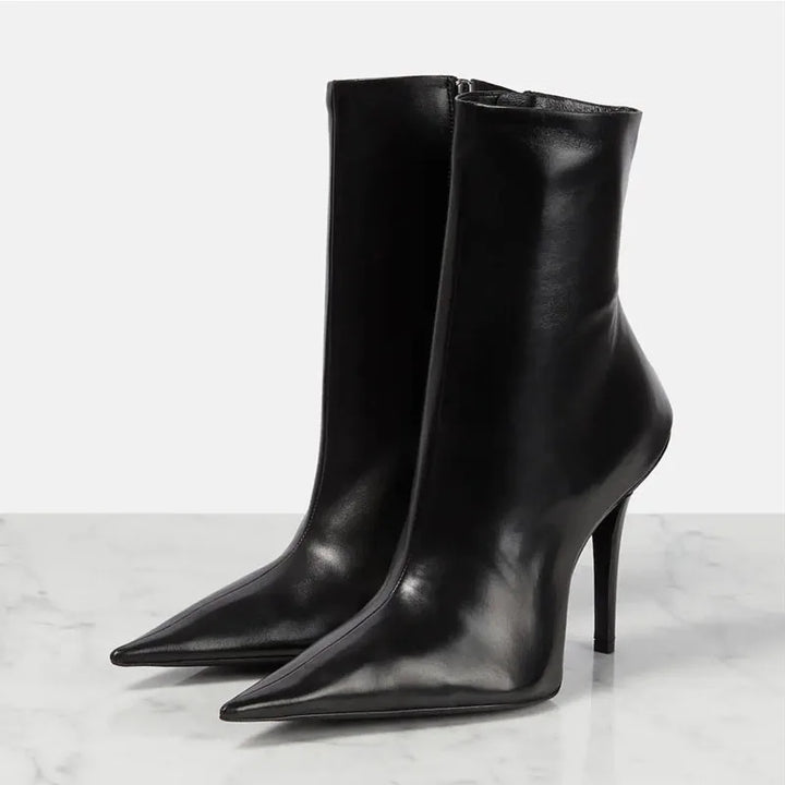 Black side-zip high heel ankle boots with pointed toe and slim stiletto heel