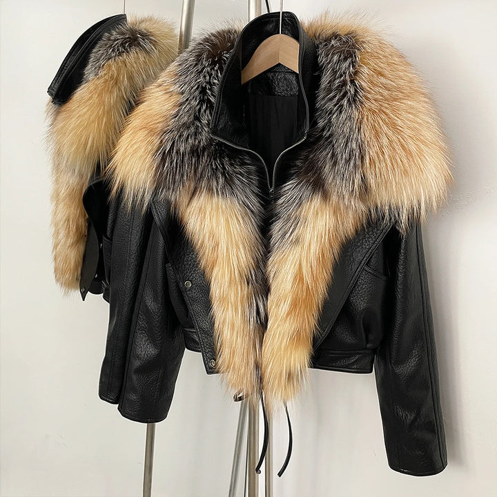 Elegant Real Cropped Fur Biker Coat