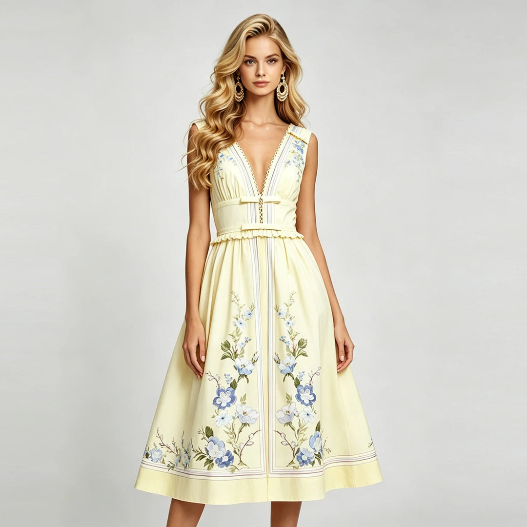 Light yellow floral midi dress with sleeveless V-neck, ruffled trim, and buttoned front detail