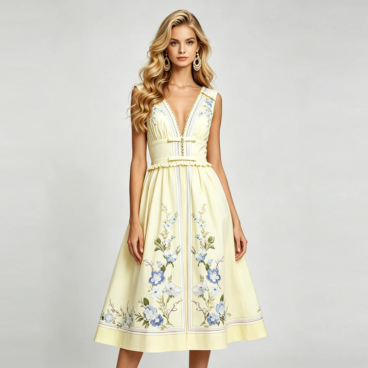 Light yellow floral midi dress with sleeveless V-neck, ruffled trim, and buttoned front detail