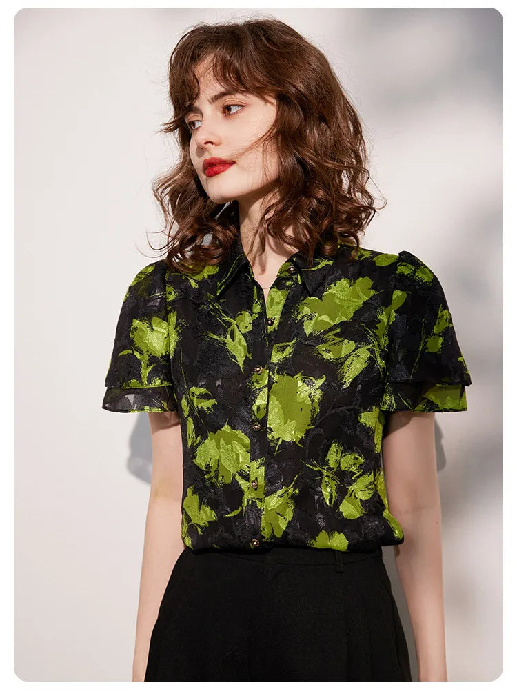 Turn Down Collar Short Sleeves Blouse