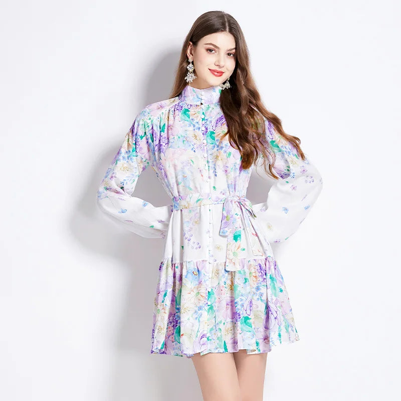 Stylish Floral Print Oil Painting Short Dress