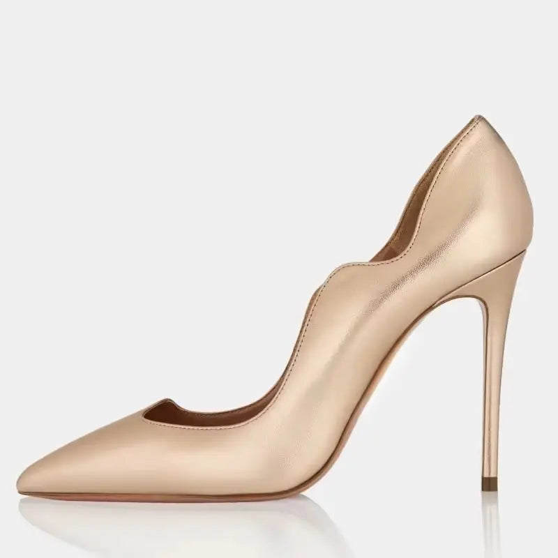 Women’s high heel pumps, pointed toe, light beige leather with slim metal heel