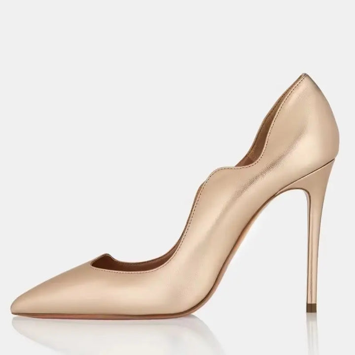 Women’s high heel pumps, pointed toe, light beige leather with slim metal heel