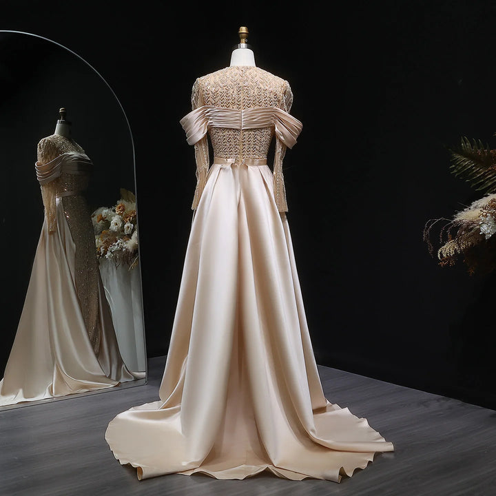 Regal Satin Train Pleated Evening Gown