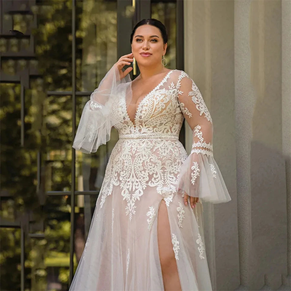 Stunning High Slit Curvy Women Wedding Dress