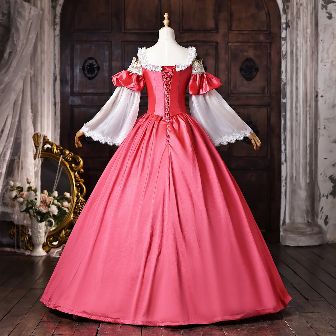 Vintage stage dance gown with rose pink A-line skirt, white lace trim, and puff sleeves