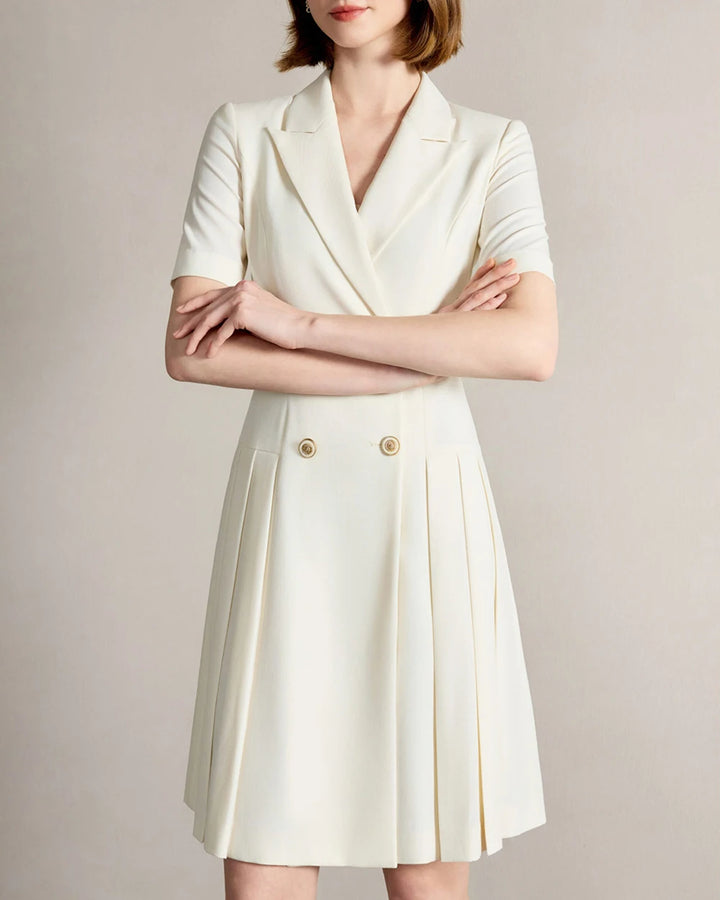 Beige notched-collar A-line dress with short sleeves, double-breasted gold buttons