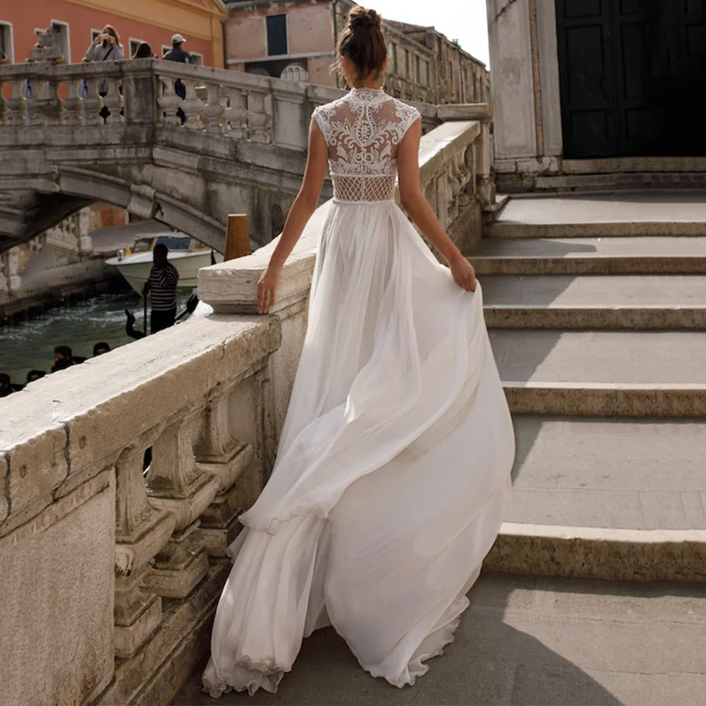 Regal High Split Chiffon Wedding Gown