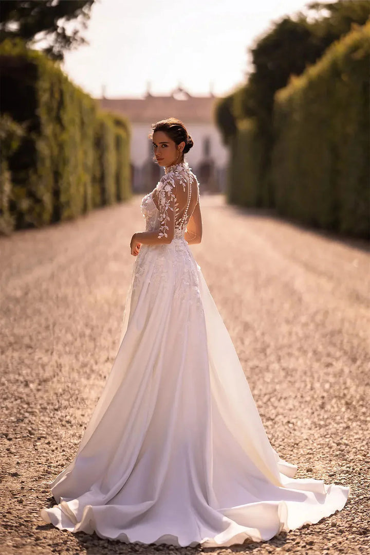 Luxury High-Neck Lace Illusion Bridal Gown