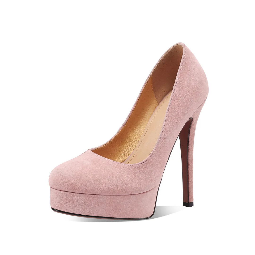 Bare pink suede round-toe heel pump with slim stiletto heel and platform base