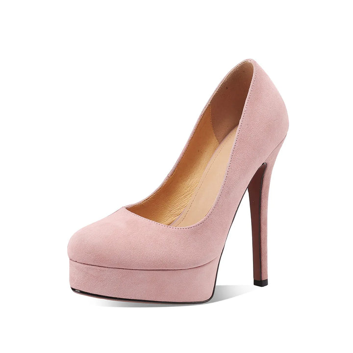 Bare pink suede round-toe heel pump with slim stiletto heel and platform base