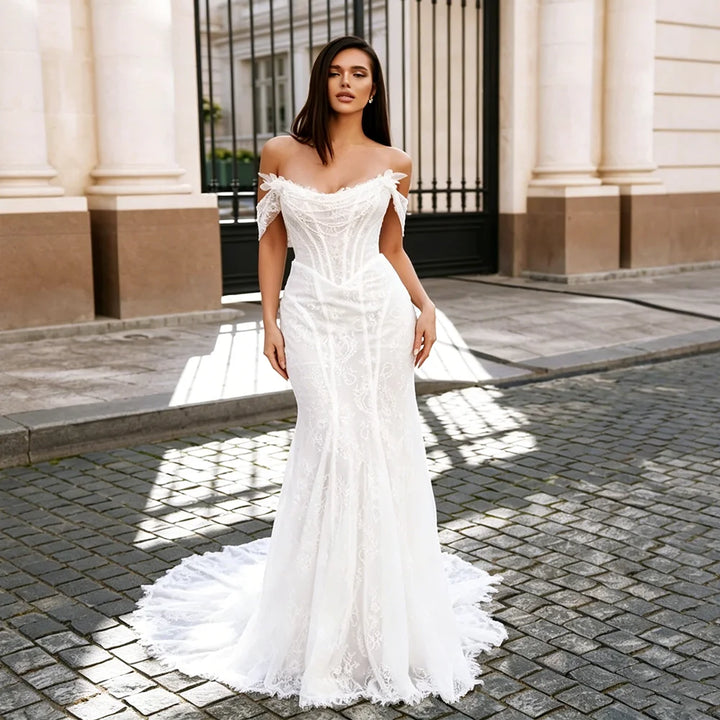 Modern Off Shoulder Neckline Bridal Gown