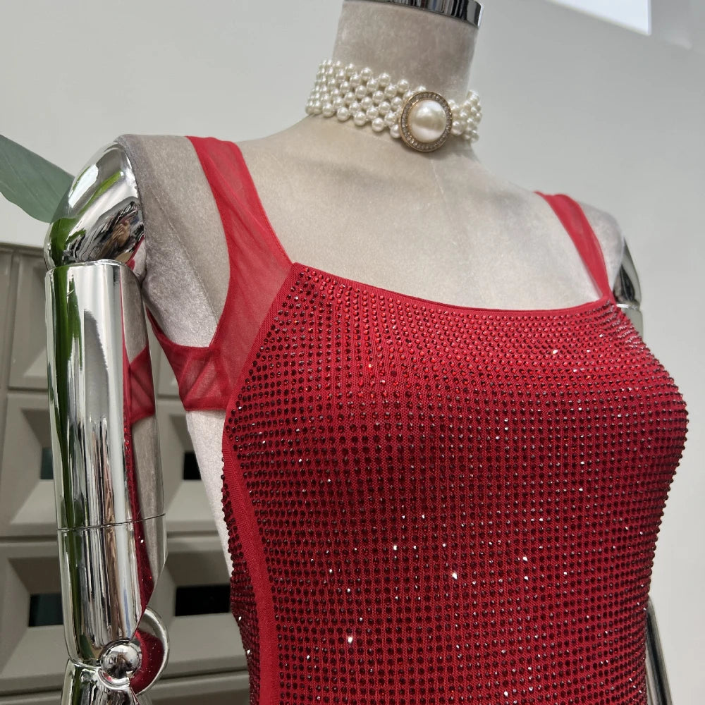 Elegant Full Rhinestones Backless Maxi Dress