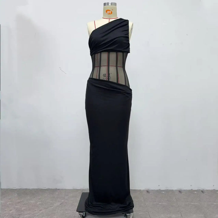 Radiant Slanted Shoulder Mesh Party Dress