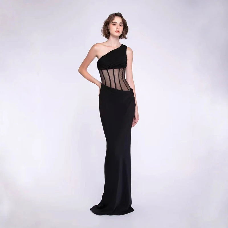 Radiant Slanted Shoulder Mesh Party Dress