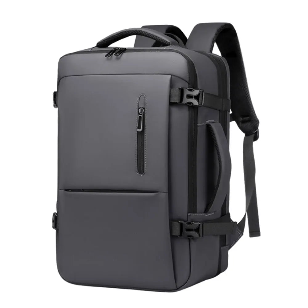 Black travel backpack front 3/4 view with vertical zipper pocket and shoulder strap