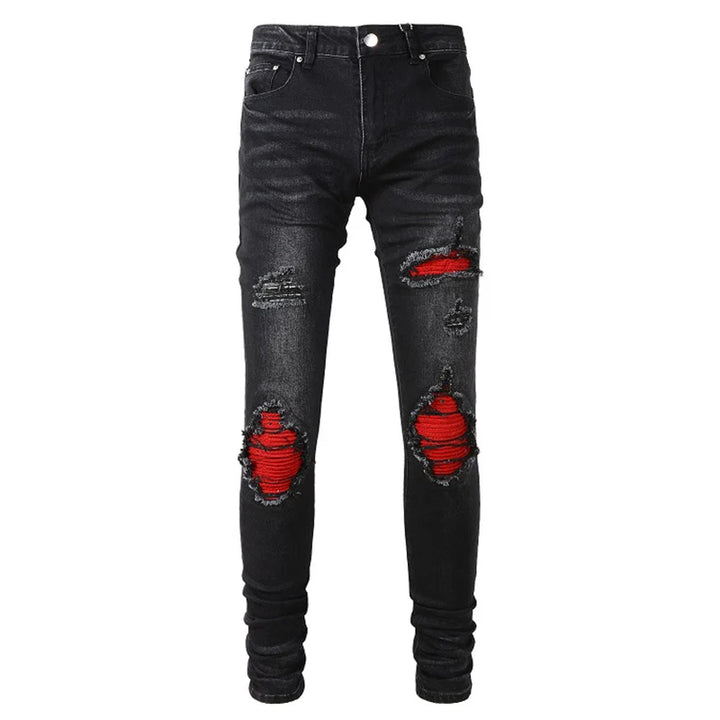 Bold Cracked Patch Biker Jeans Pants