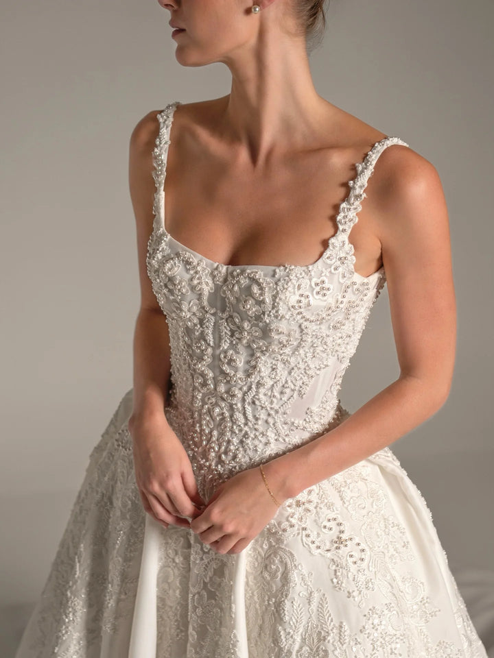 Romantic Beaded Square Neck Wedding Couture