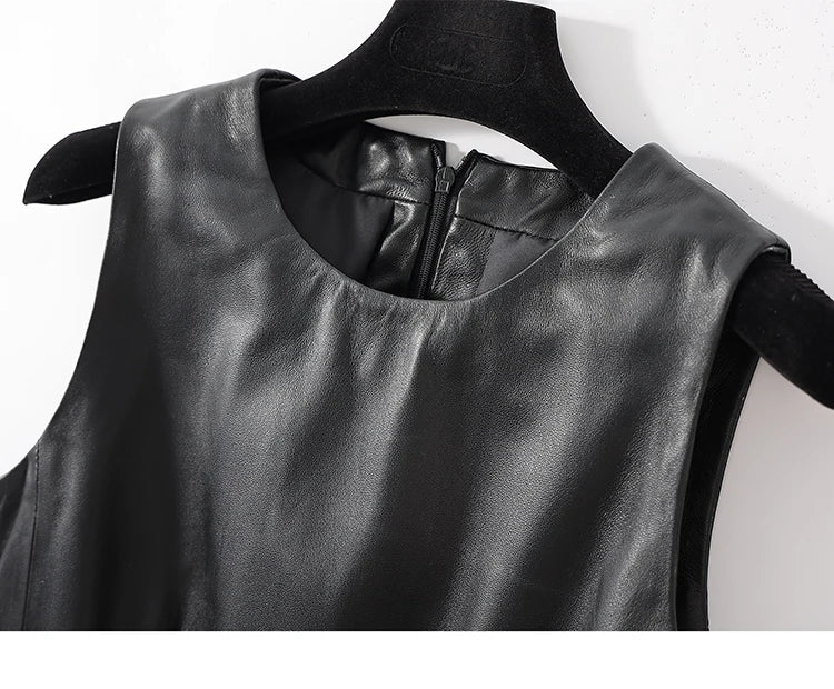 Black genuine leather dress neckline close-up with visible center zipper