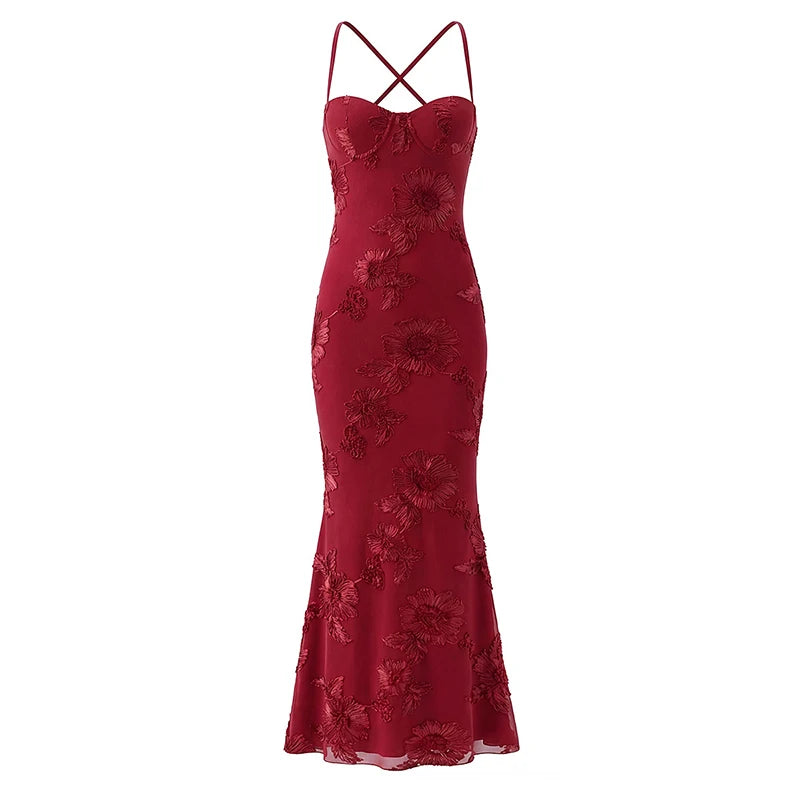 Red lace-up backless maxi dress with floral lace applique and thin cross-back straps