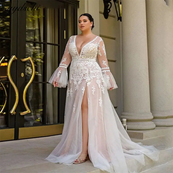Stunning High Slit Curvy Women Wedding Dress