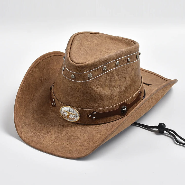 Tan wide-brim hat with silver-studded band, round crest badge, and chin tie