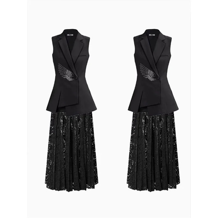 Black sleeveless blazer vest worn over black sequin lace skirt
