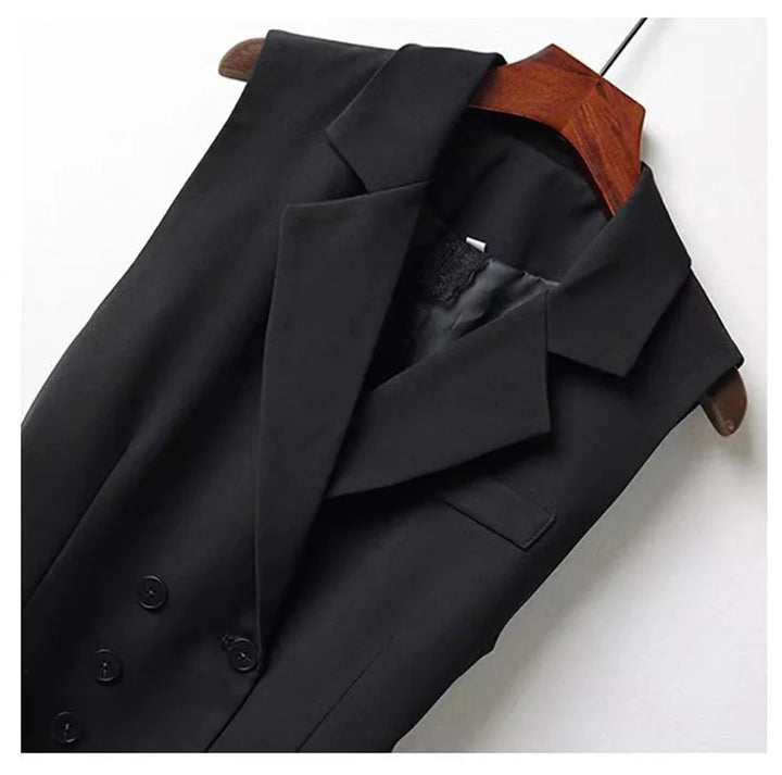 Black sleeveless blazer vest close-up of lapels, button details, and front panel stitching