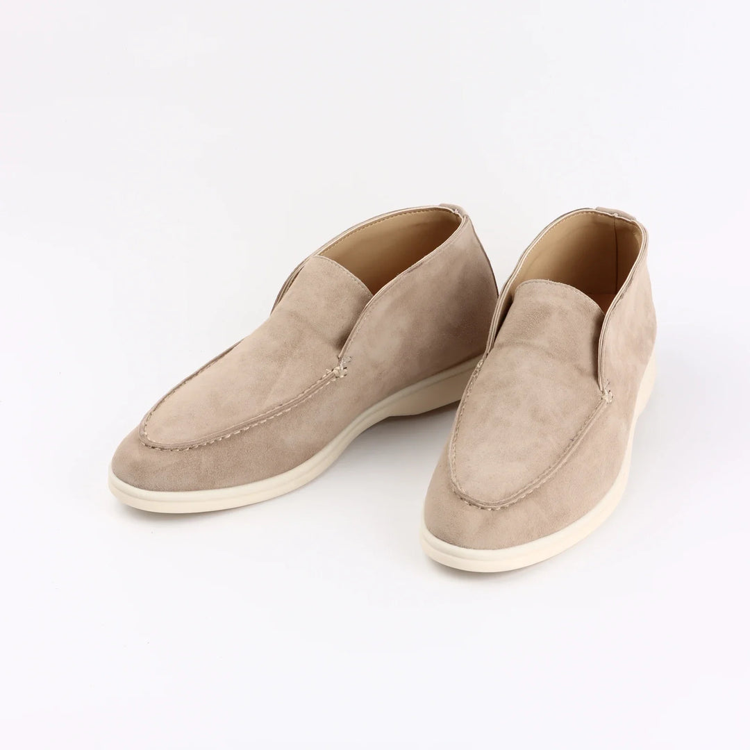 Men's suede high-top loafers, beige color with slip-on design and white rubber sole