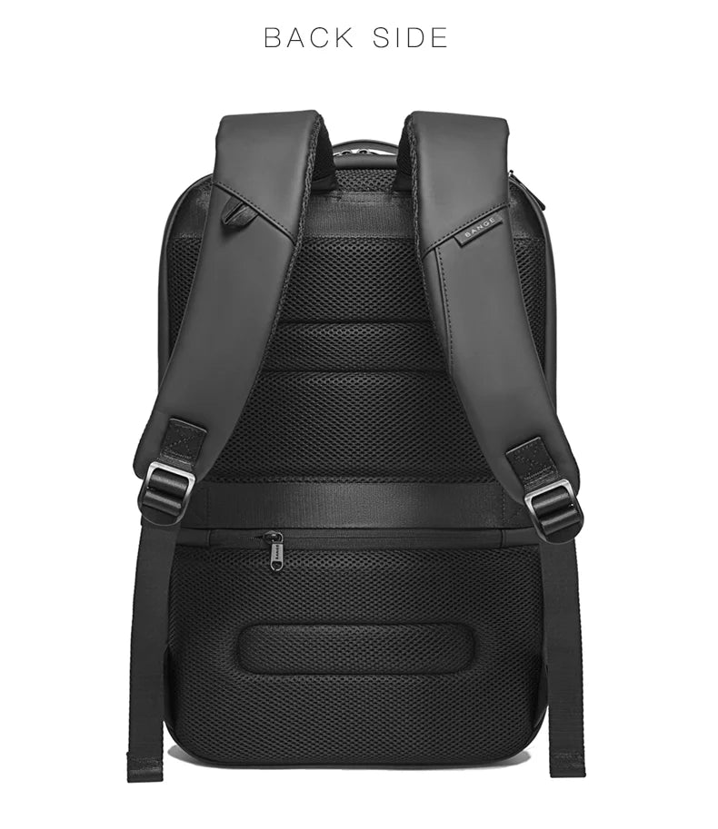 Black waterproof business backpack with padded mesh back and adjustable shoulder straps